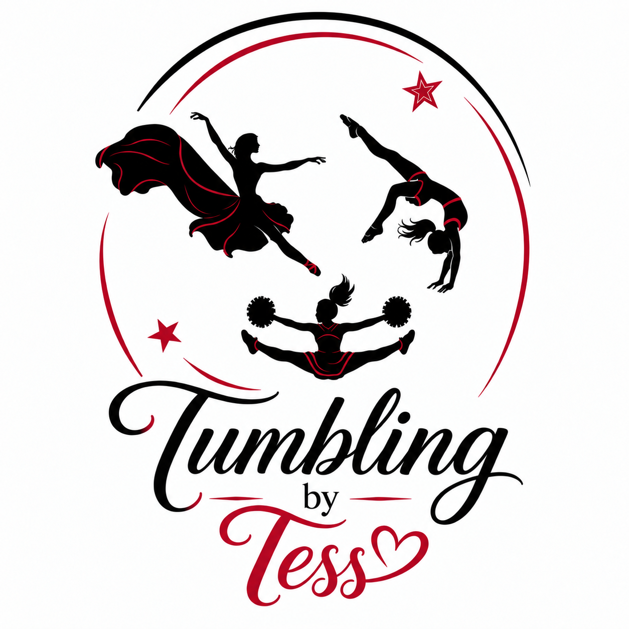 Silhouettes of three female gymnasts performing different acrobatic poses, surrounding the text 'Tumbling by Tess' with red stars and swoosh lines on a white background.
