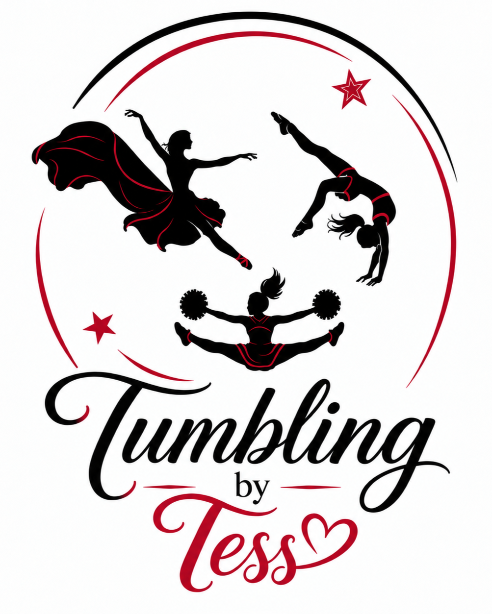Silhouettes of three cheerleaders performing acrobatic stunts with red and black accents, surrounded by curved lines and stars, with the text "Tumbling by Tess" at the bottom.