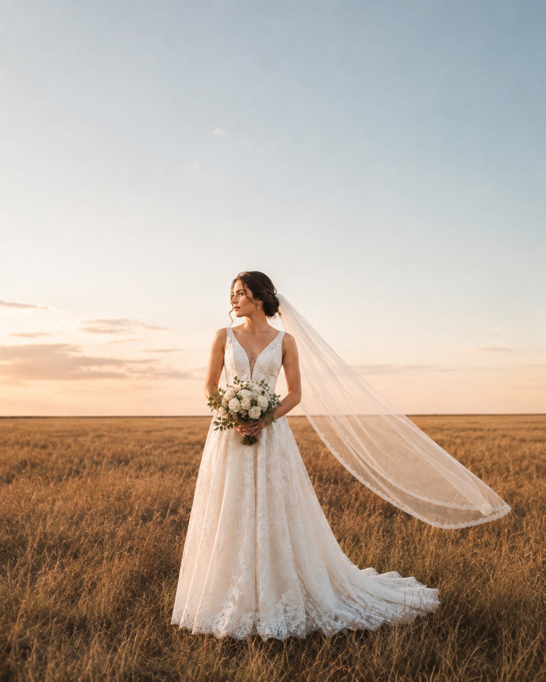 A bride in a white wedding dress holding a bouquet of white roses with greenery, standing in an open field during sunset, with her veil flowing in the breeze.