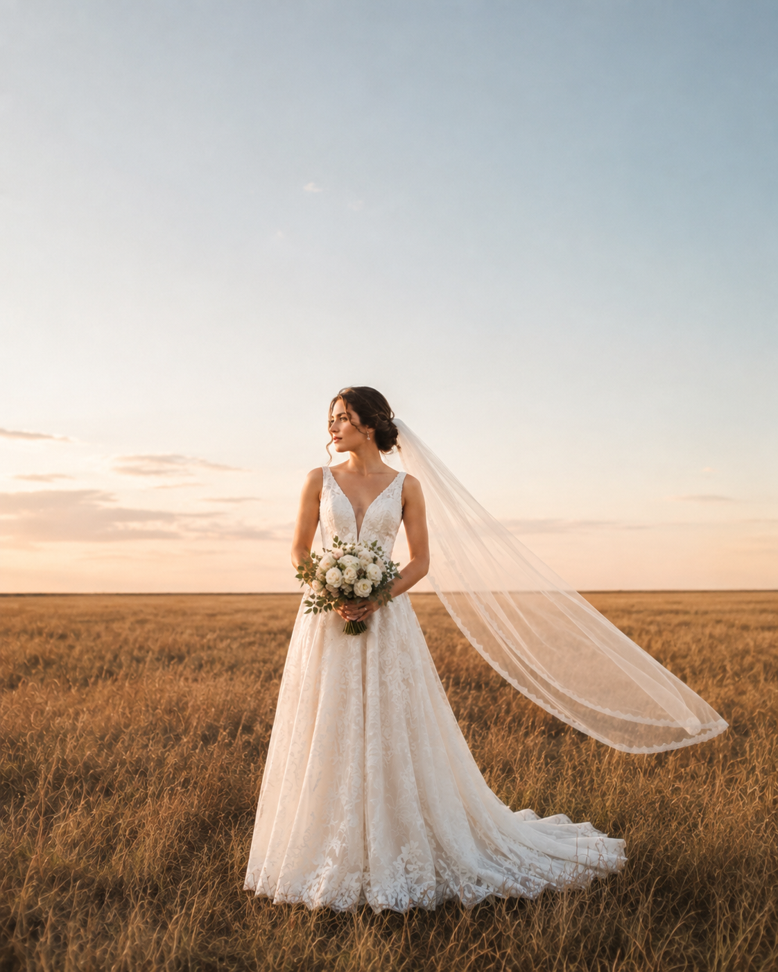 A bride in a white wedding gown with a veil, standing in a field at sunset, holding a bouquet of white flowers.