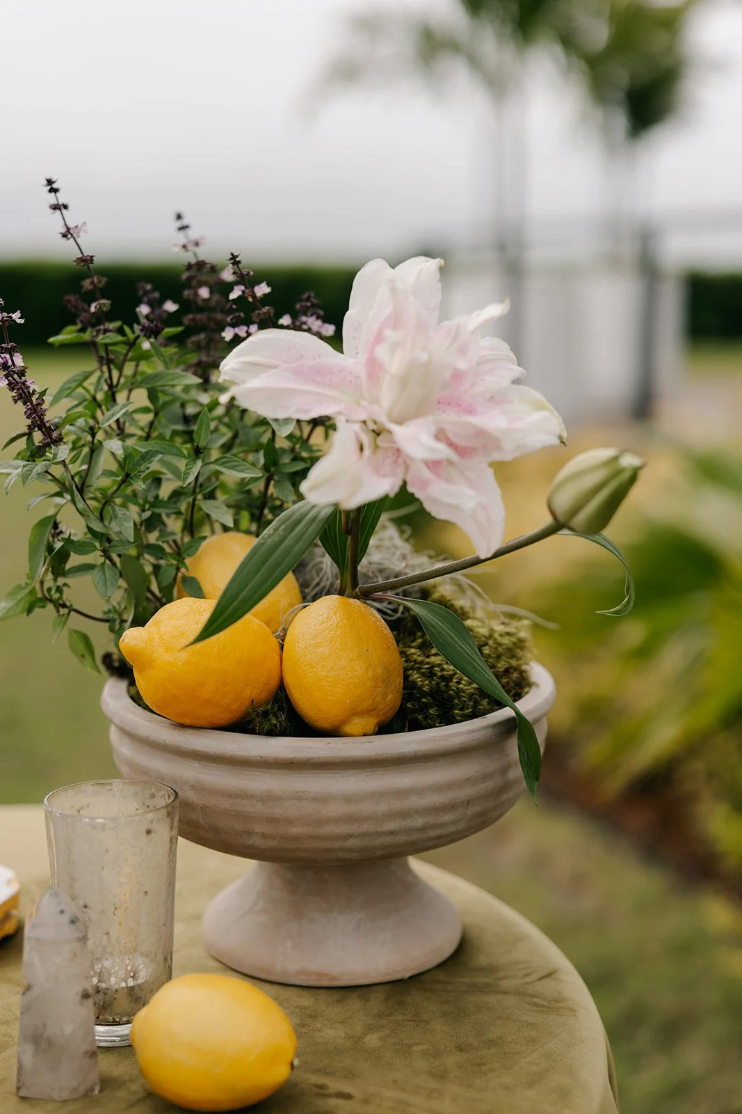 A potted arrangement with white and pink lilies, yellow lemons, and green leaves, set outdoors on a table with a glass and lemon in the foreground.