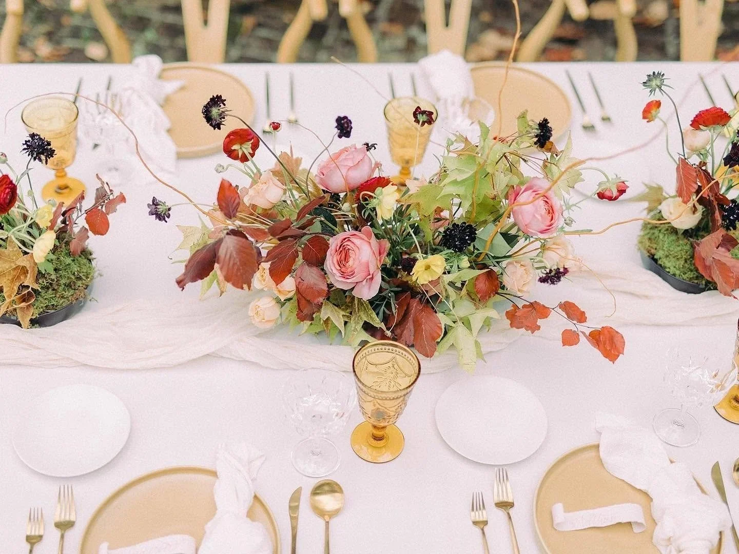 Elegant table setting with gold-rimmed glasses, gold plates, and white napkins, decorated with a large centerpiece of pink roses, green and red leaves, and blackberries, on a white tablecloth.