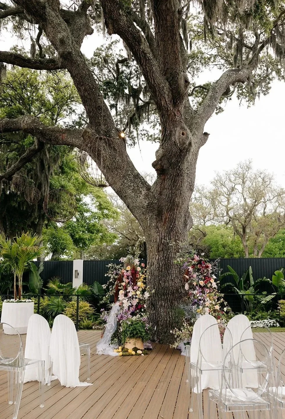 A large tree decorated with flowers and white drapes, set up for an outdoor wedding ceremony on a wooden deck with transparent chairs and lush plants.