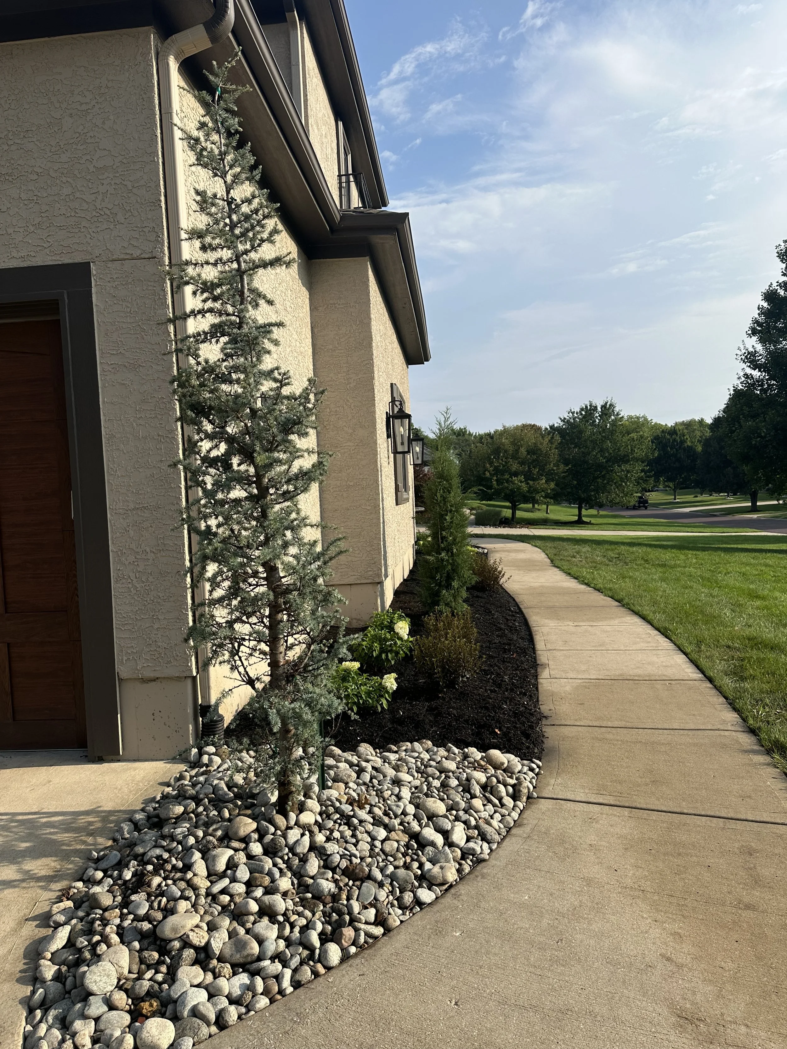 Side view of a house with a sidewalk, small landscaping with trees, rocks, and grass, under a partly cloudy sky.