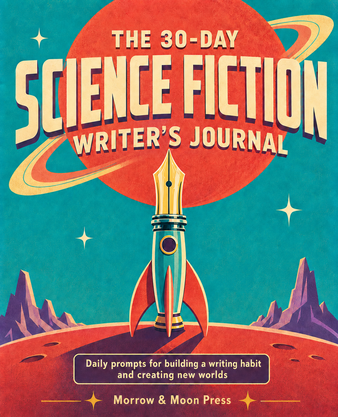 Cover of a science fiction writer's journal titled 'The 30-Day Science Fiction Writer's Journal' with a retro space theme, featuring a rocket ship, planets, stars, and a large red moon or planet in the background. Subtitle reads 'Daily prompts for building a writing habit and creating new worlds.' Published by Morrow & Moon Press.