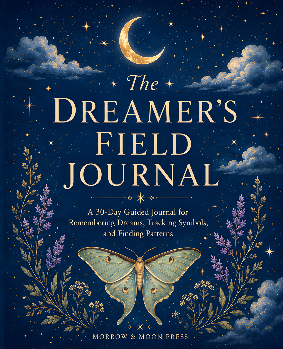 Cover of a book titled "The Dreamer's Field Journal," featuring a night sky with stars, clouds, a crescent moon, lavender plants, and a butterfly, with subtitle 'A 30-Day Guided Journal for Remembering Dreams, Tracking Symbols, and Finding Patterns.'