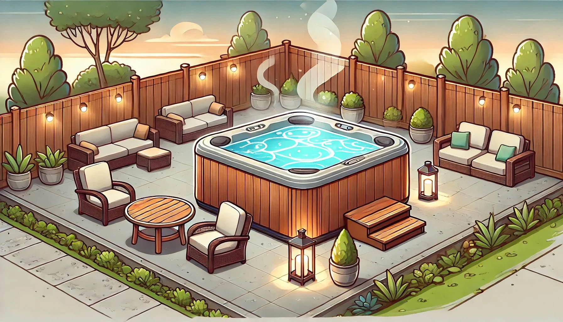 Cartoon illustration of a hot tub on a smooth concrete patio in a cozy backyard, featuring outdoor seating, soft lighting, and steam rising from the water.