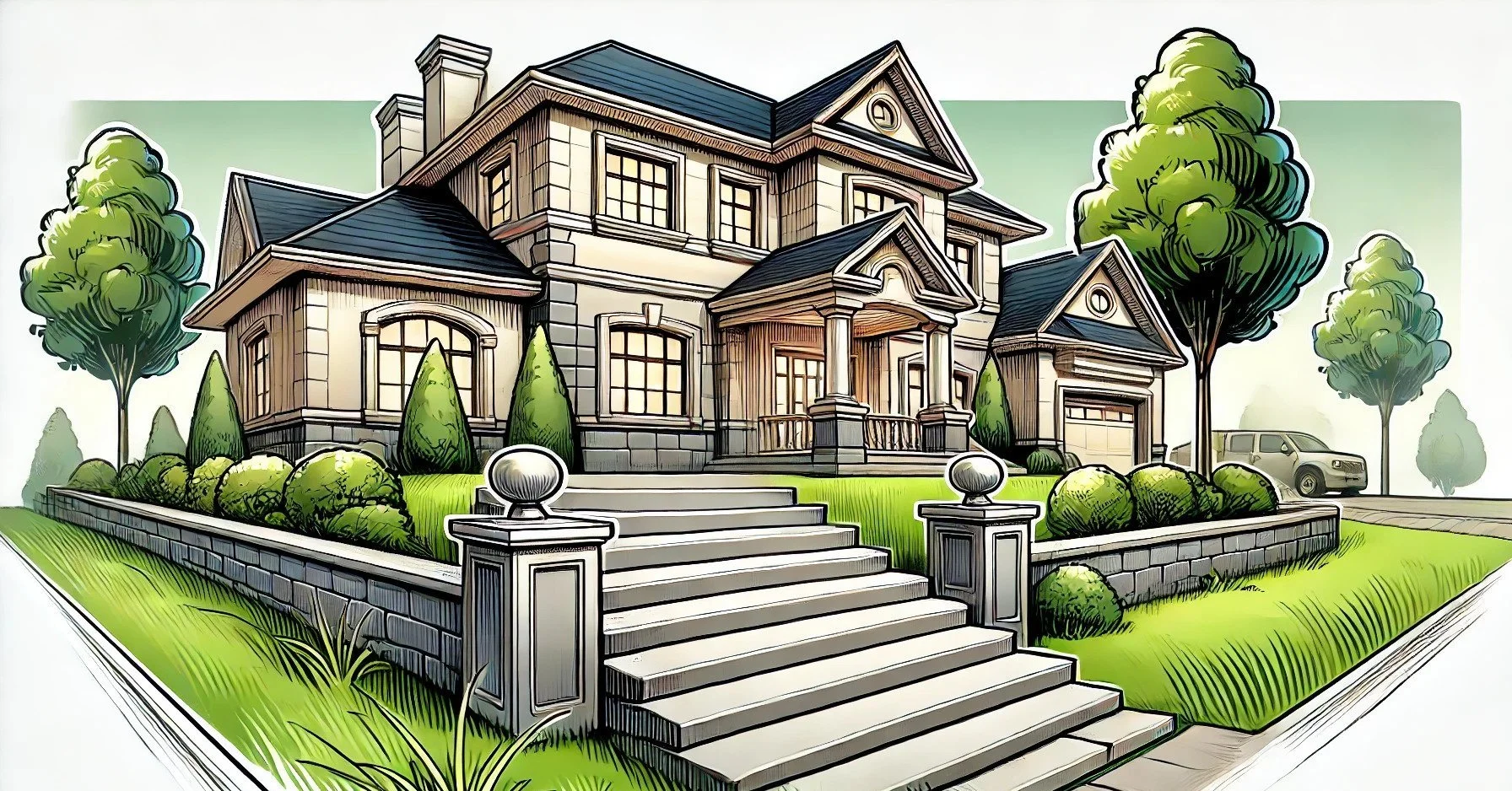 Digital drawing of a large two-story house with front steps, surrounded by bushes, trees, and a lawn, featuring a garage and a porch with columns.