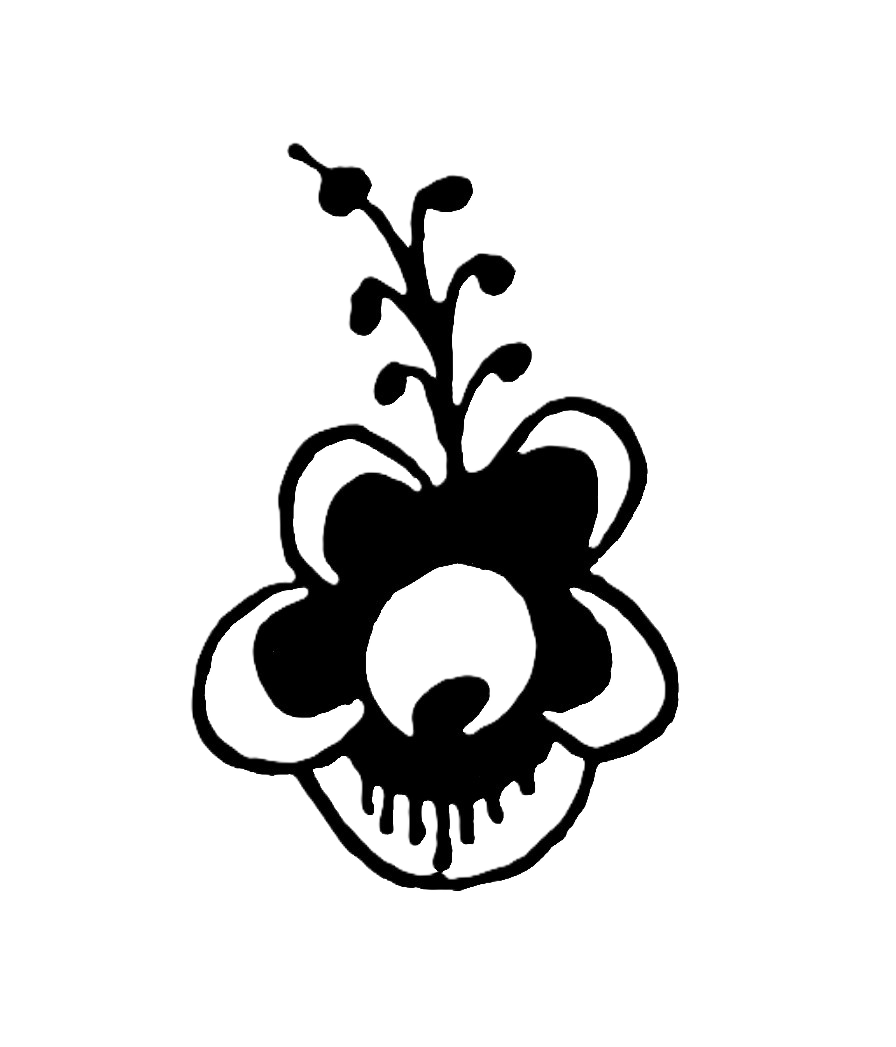 Outline of a skull with a flower grow from the top, on a black background.