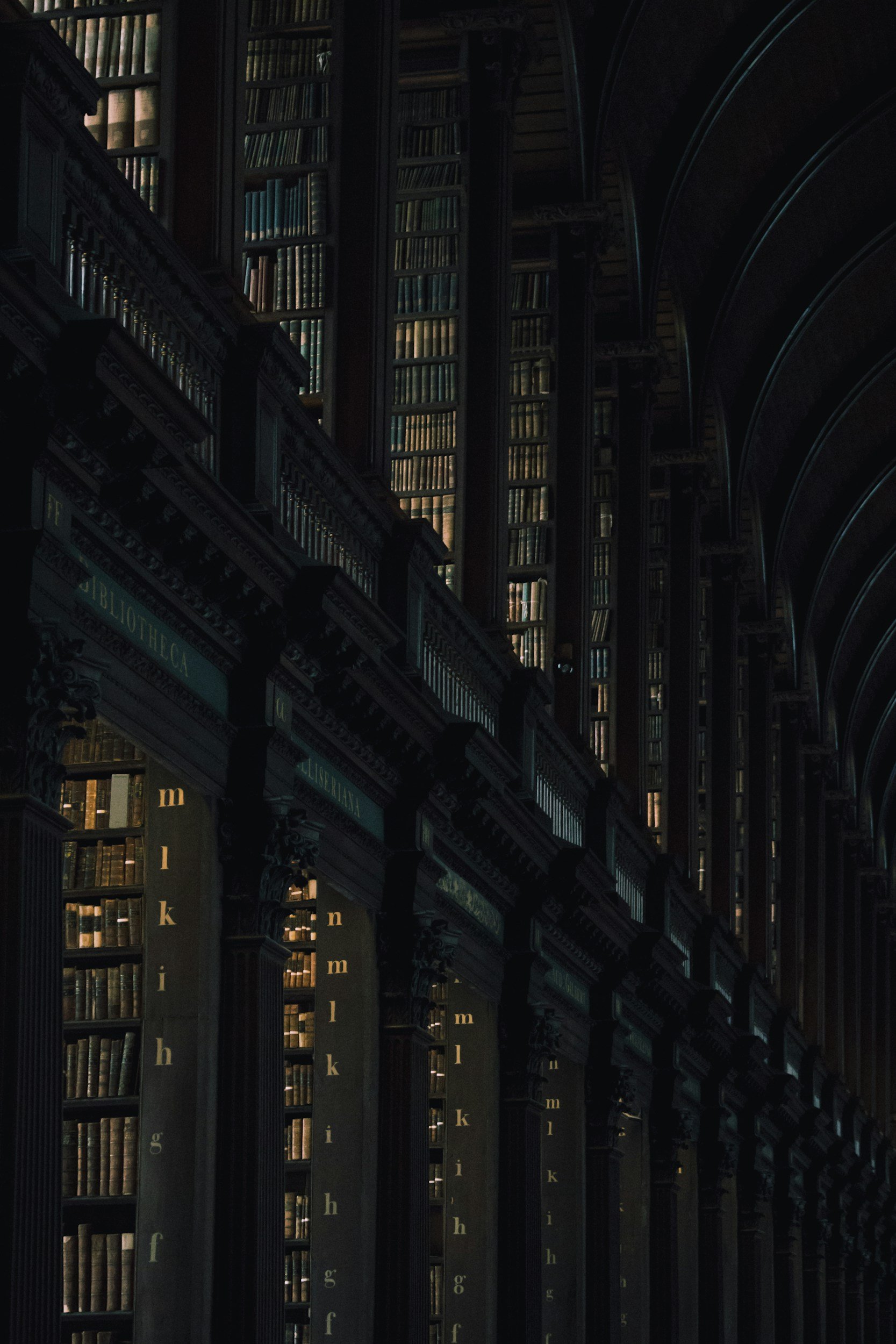View of a dark, grand interior of a library with tall bookshelves filled with books, and labels with letters of the alphabet on the shelves.