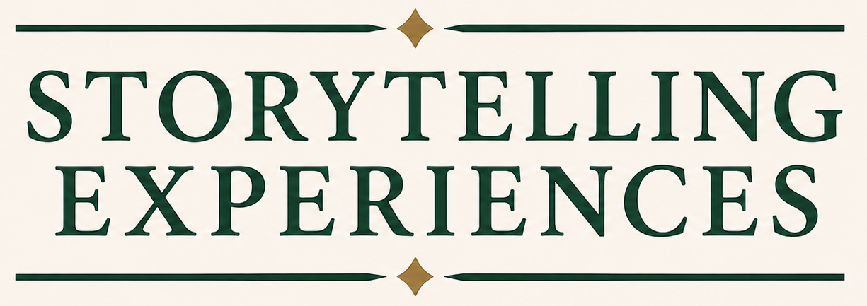 Sign with the words 'Storytelling Experiences' in bold green letters with decorative lines and stars on a cream background.