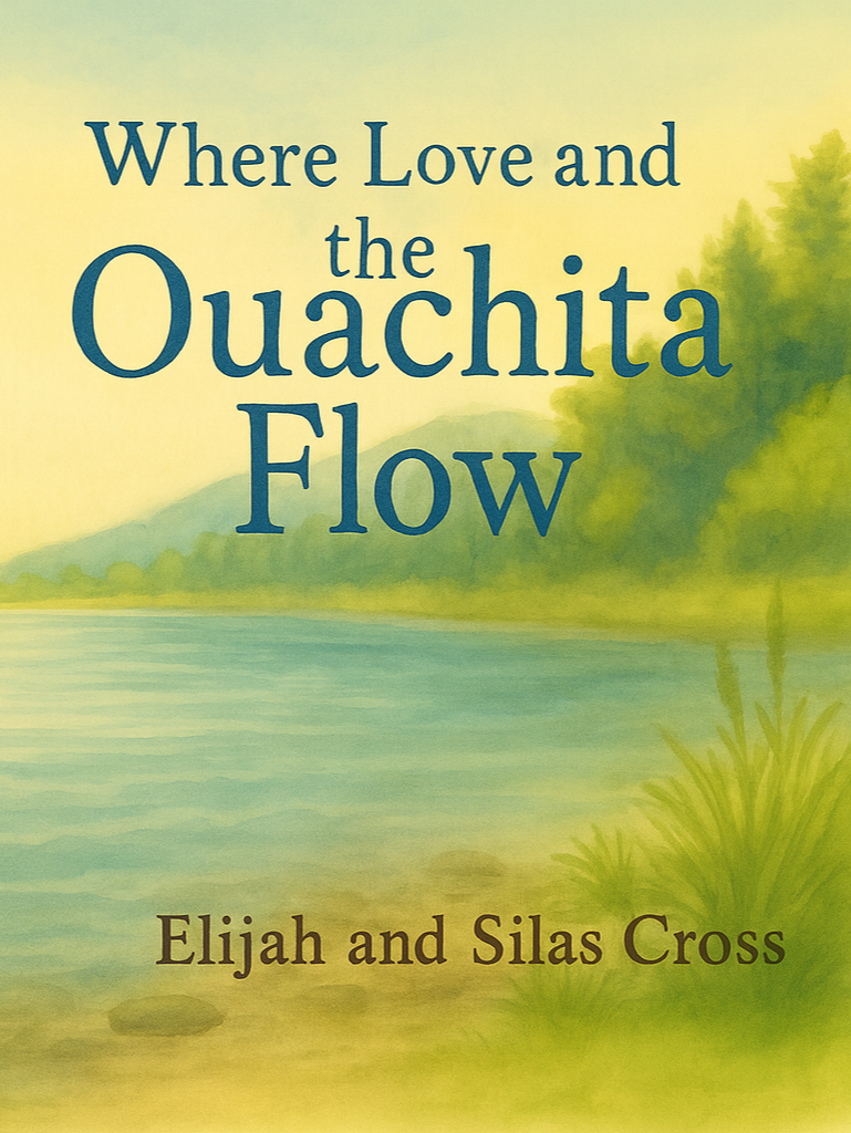 Book cover titled 'Where Love and the Ouachita Flow' by Elijah and Silas Cross, featuring a watercolor landscape of a river, trees, and distant mountains.