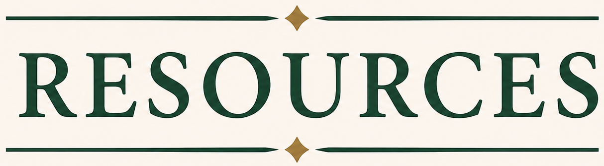 The word "RESOURCES" written in large green capital letters on a white background, framed by green lines and small decorative gold diamonds.