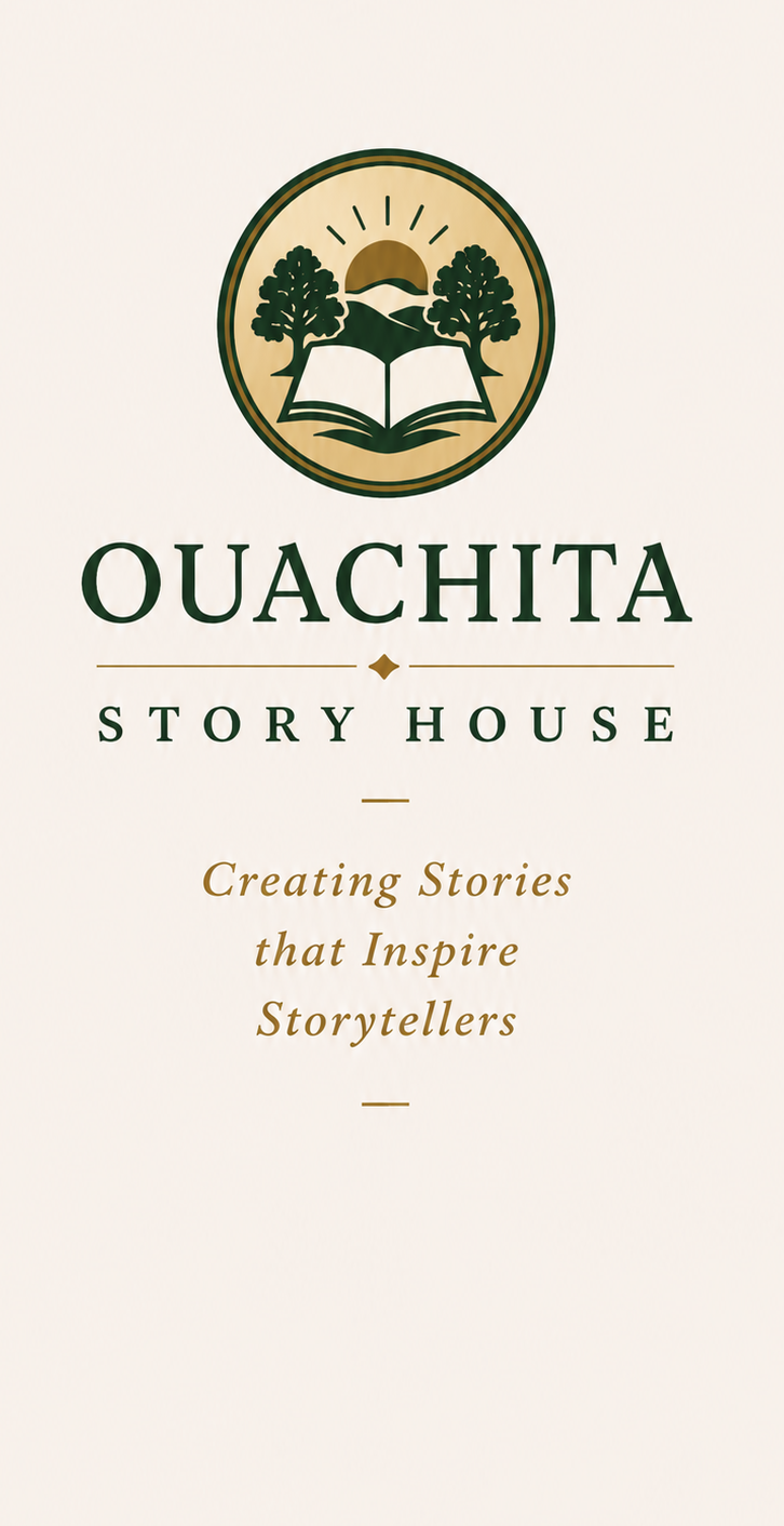 Logo for Ouachita Story House featuring a circle with trees, a sun, and a book, along with the text "Ouachita Story House" and the tagline "Creating Stories that Inspire Storytellers."