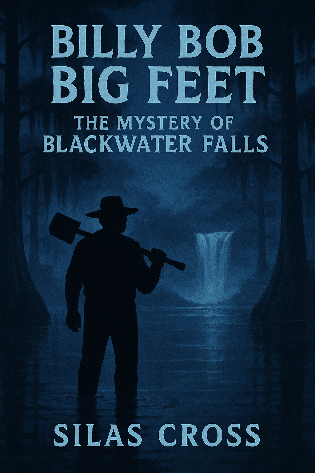 Book cover with dark blue background featuring a silhouette of Billy Bob Big Feet in a hat holding a shovel, standing in water near a waterfall. Title reads 'Billy Bob Big Feet: The Mystery of Blackwater Falls' and author Silas Cross.