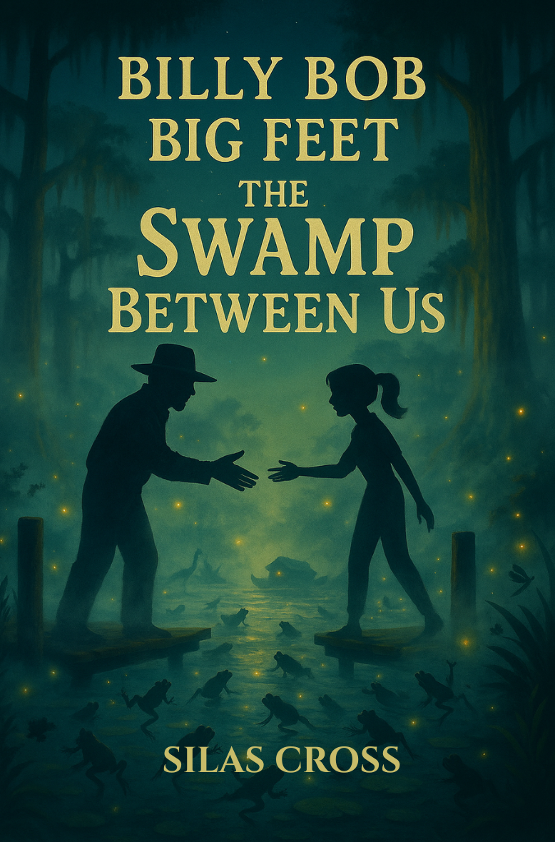 Book cover titled 'Billy Bob Big Feet: The Swamp Between Us' by Silas Cross. The illustration shows a man and a girl reaching out to each other on a swamp at night, with frogs and fireflies around them, dark trees in the background.