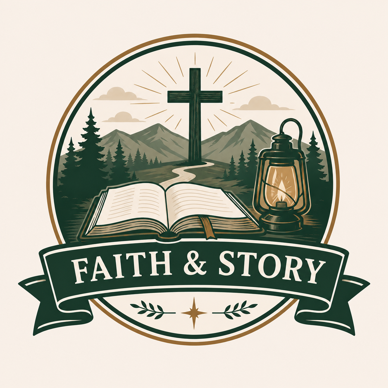 A badge featuring a Christian cross, an open Bible, a lantern, and a mountain landscape with pine trees. The badge has a banner with the text "FAITH & STORY".
