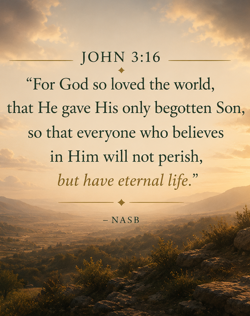 A serene landscape with rolling hills and a cloudy sky during sunset, featuring a biblical quote from John 3:16 about God's love and eternal life.