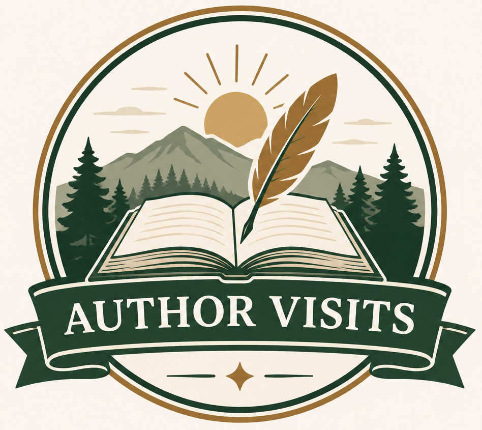 A logo with a mountain range, evergreen trees, a sun, an open book, and a feather, with the text 'Author Visits' on a banner below.