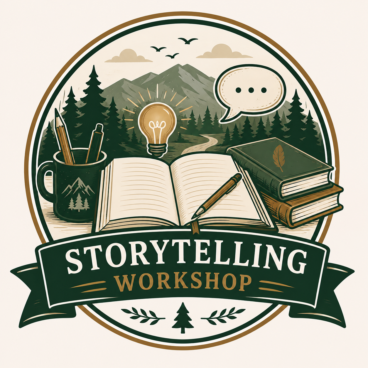 Logo for storytelling workshop featuring mountains, trees, birds, a winding path, a speech bubble, an open notebook with a pen, a closed book with a leaf, a lightbulb, and writing tools in a cup.