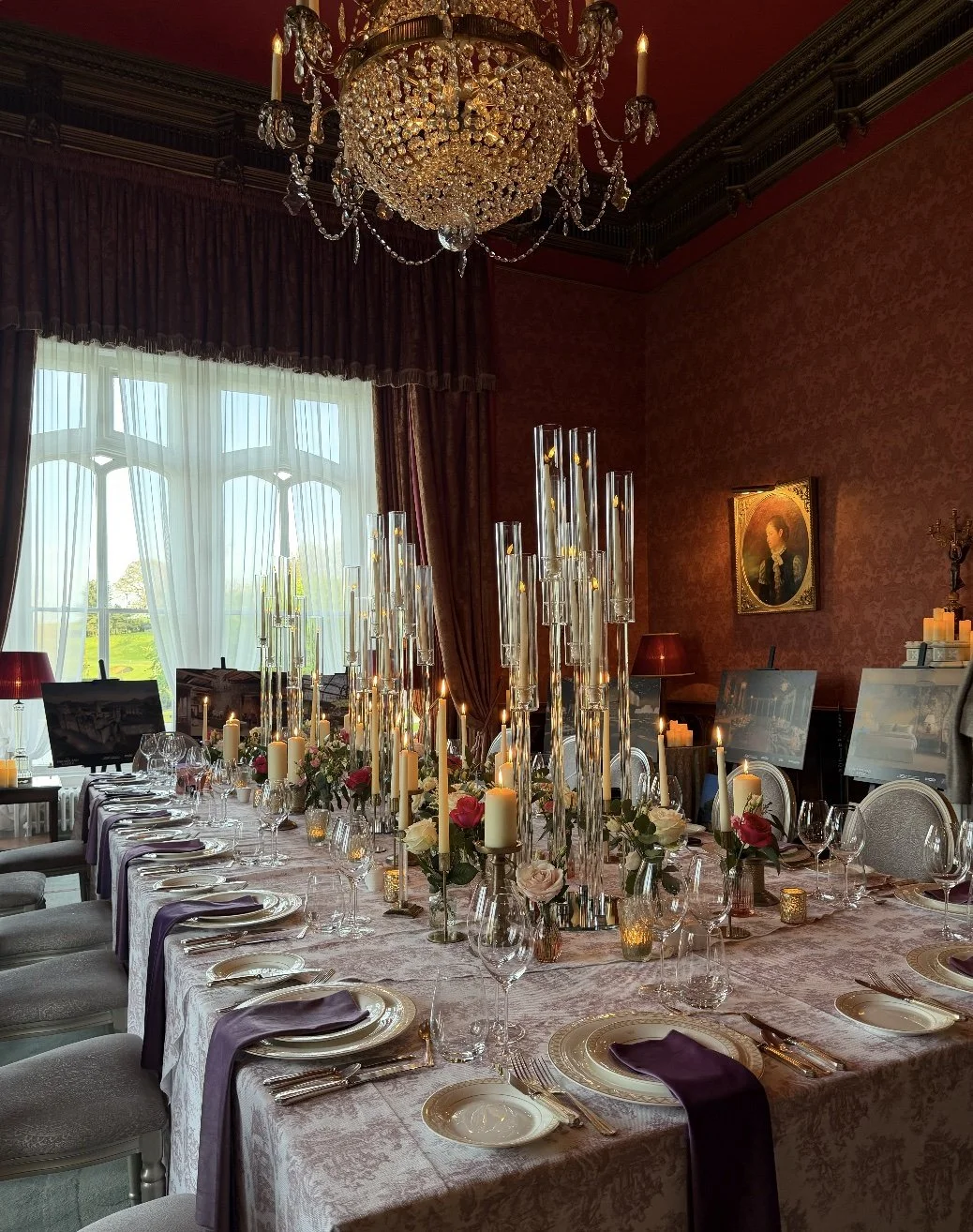 Elegant group dining table at Dromoland Castle in Ireland