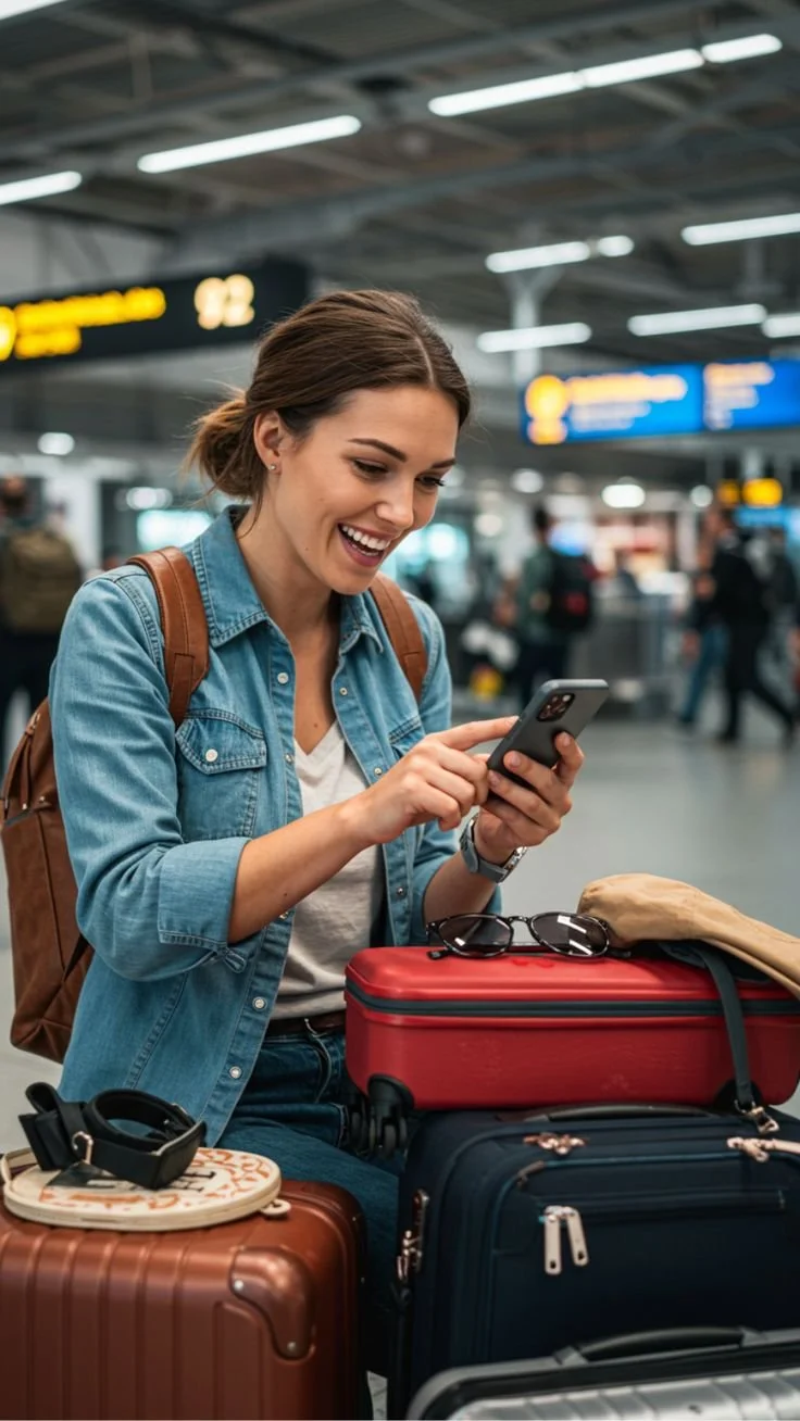 Una mujer joven en un aeropuerto, sonriendo y usando su teléfono móvil, rodeada de equipaje y con un fondo de señalización y otras personas.
