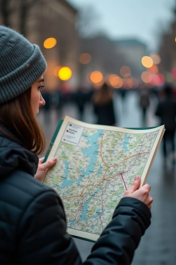 Mujer con gorro revisando un mapa en la calle, con fondo difuminado de personas y luces urbanas por la tarde.