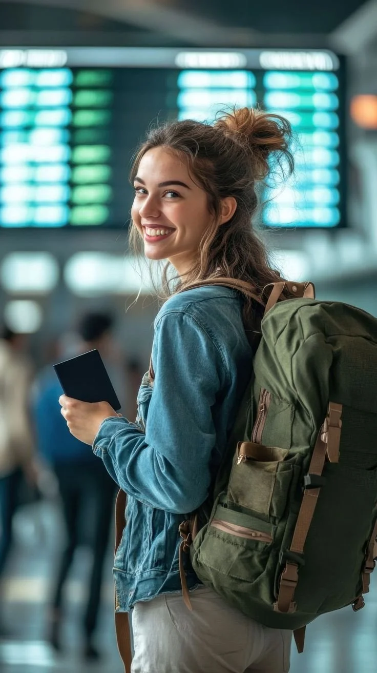 Joven sonriente con mochila en aeropuerto, sosteniendo pasaporte, fondo de pantalla de horarios de vuelos.
