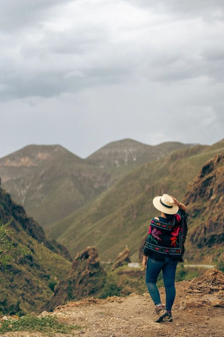 Mujer con sombrero mirando montañas verdes, vestida con abrigo colorido, en un paisaje de naturaleza montañosa con cielo nublado.