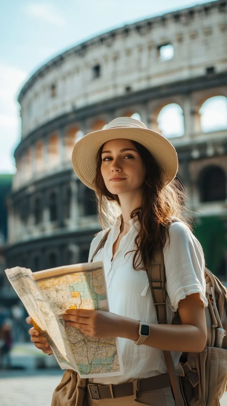 Joven mujer turista con sombrero y mochila, sosteniendo un mapa frente al Coliseo Romano en Roma, Italia.