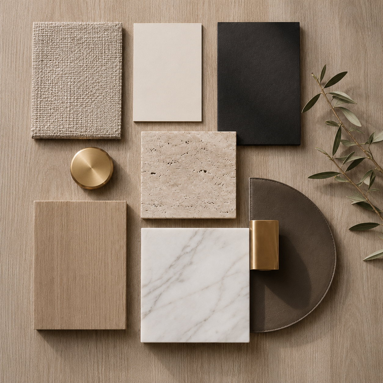 Material palette featuring wood, natural stone, brass, marble, fabric, and neutral finishes for California modern interior design and residential styling.