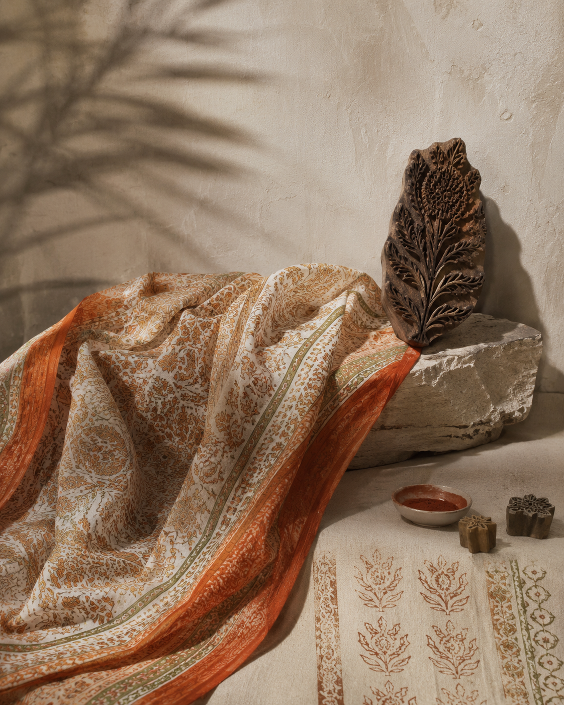 Decorative scene with an ornate fabric draped over a stone surface, a carved wooden leaf sculpture, small bowls, and patterned cloths in warm tones.