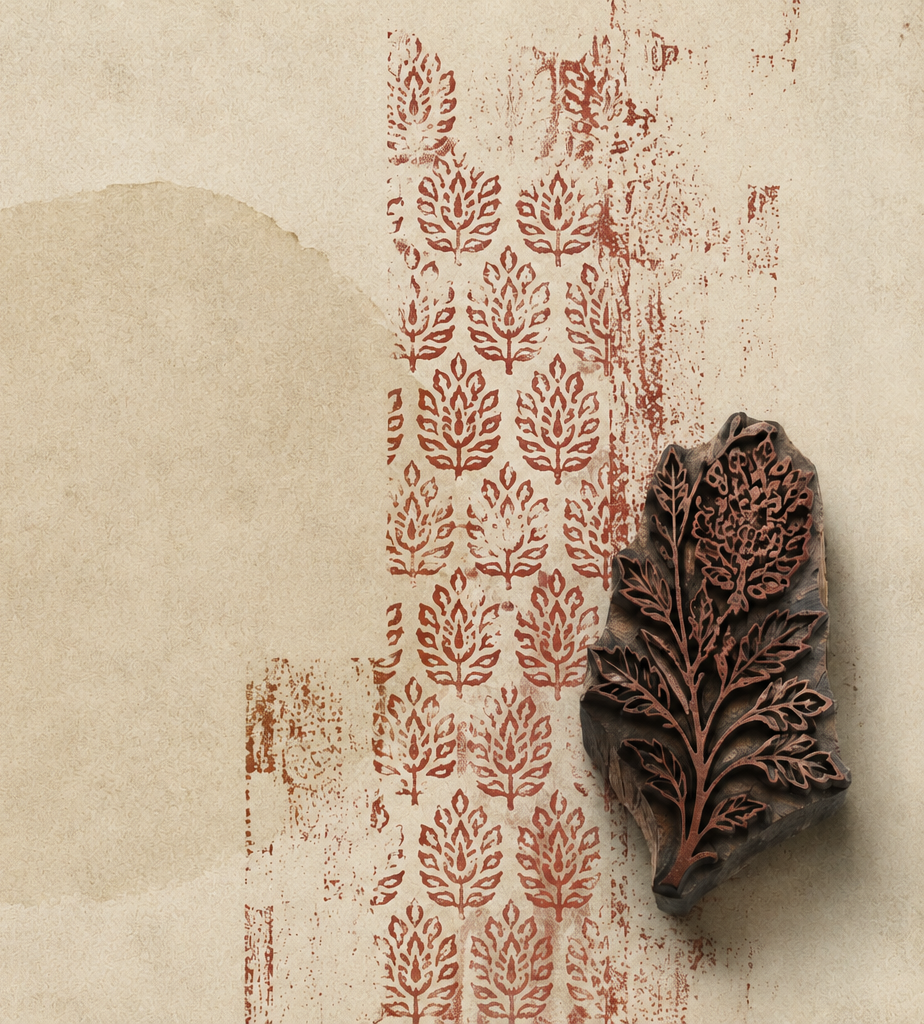 A carved rubber stamp with a floral pattern of leaves, placed on a textured background with printed plant motifs and decorative ink splashes.