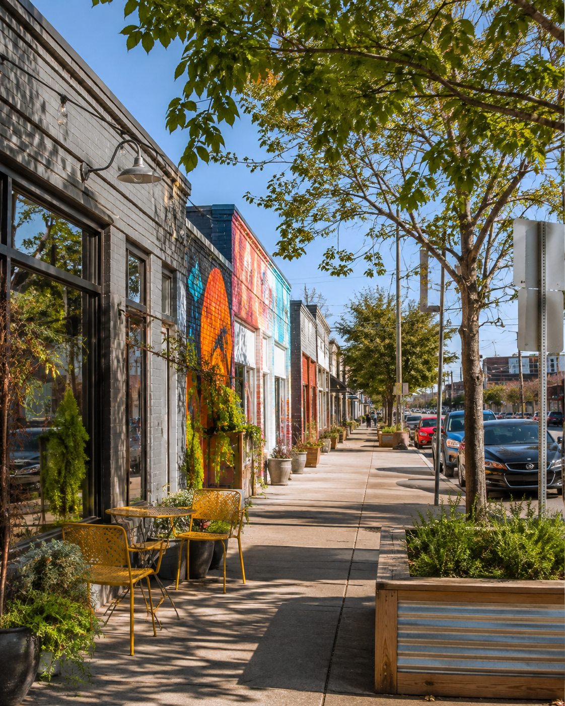 A sidewalk with potted plants and outdoor cafe tables under leafy trees, with colorful murals on brick buildings and parked cars along the street.