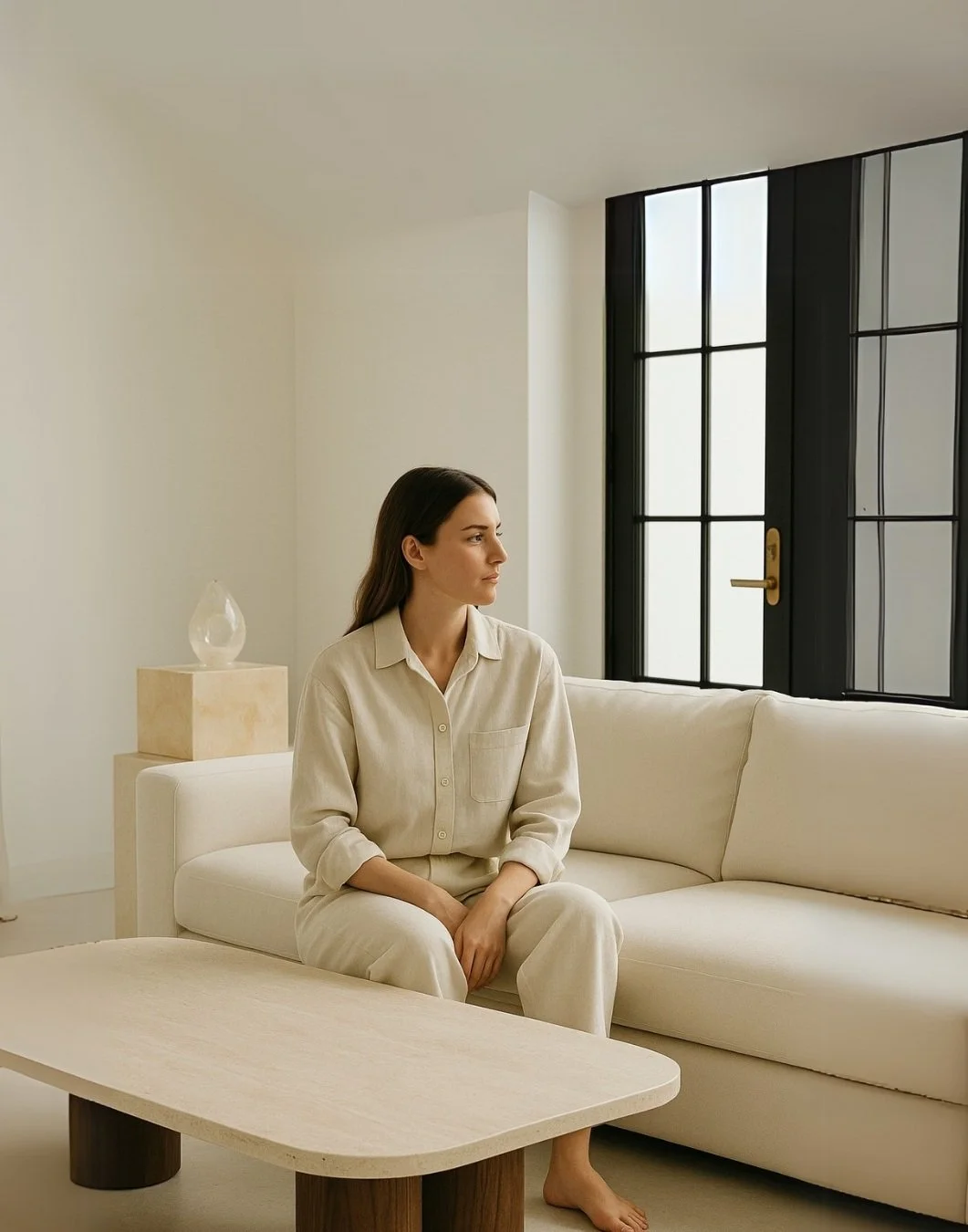 Woman sitting on a cream-colored sofa in a bright minimalist room with a black window and a small table.