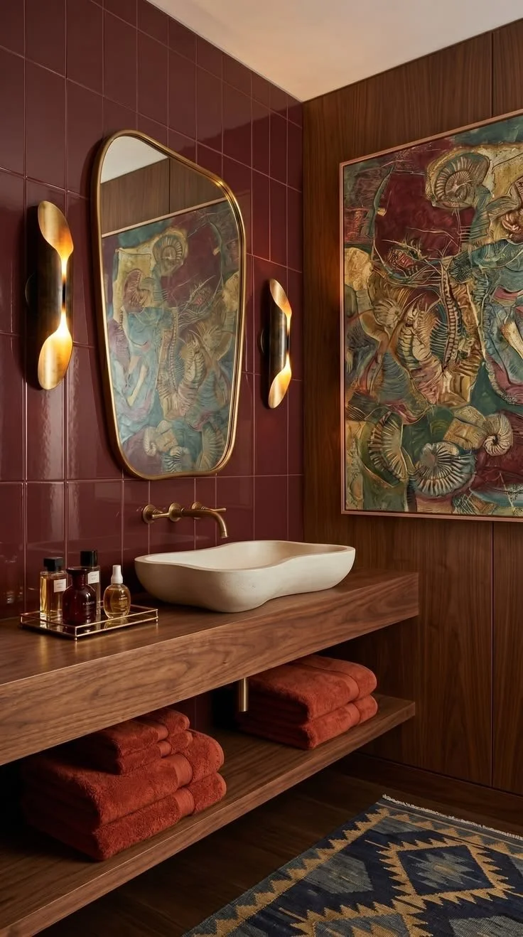 A bathroom with a wood vanity, red towels, a white vessel sink, a large decorative mirror, two modern gold wall lights, a colorful abstract art piece, and a patterned rug.