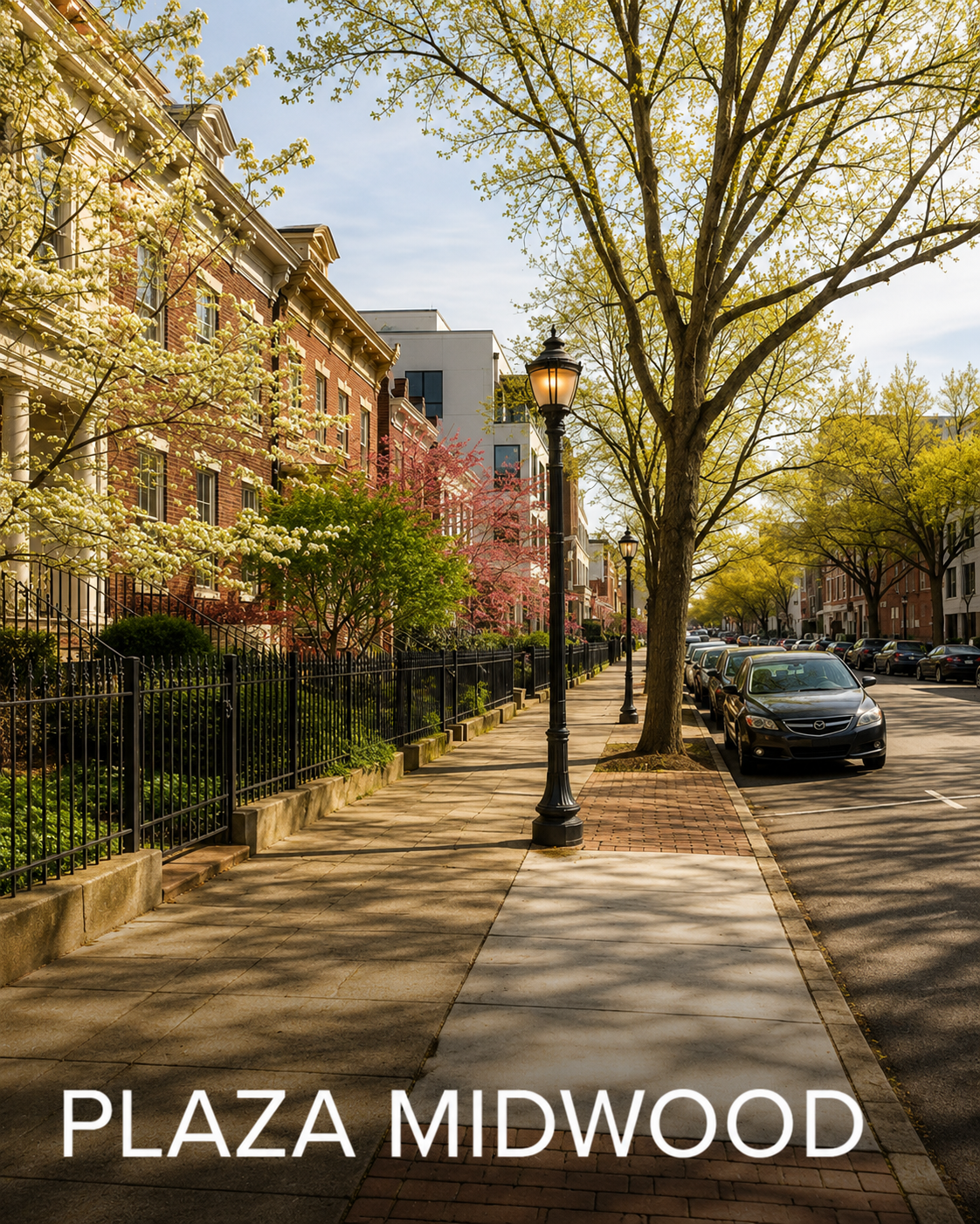 A tree-lined sidewalk in Plaza Midwood with parked cars on the street, decorative lamps, and residential buildings with flowered trees in spring bloom.