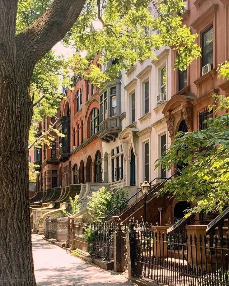 A sidewalk lined with historic row houses with stoops, iron fences, and lush green trees overhead in an urban residential neighborhood.