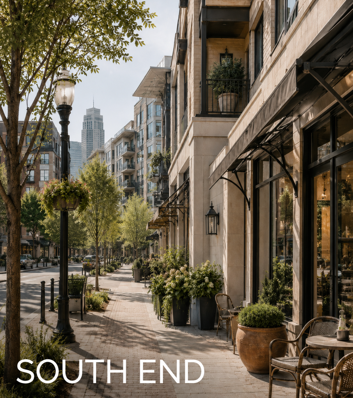 A city sidewalk with outdoor seating, potted plants, trees, and street lamps, in a modern urban area with high-rise buildings in the background, labeled 'South End'.