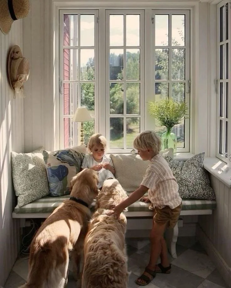 Two children and three dogs in a sunlit sunroom with large window. One child sits on a bench reading, while the other interacts with the dogs. Potted plant, patterned cushions, and wall decorations are visible.