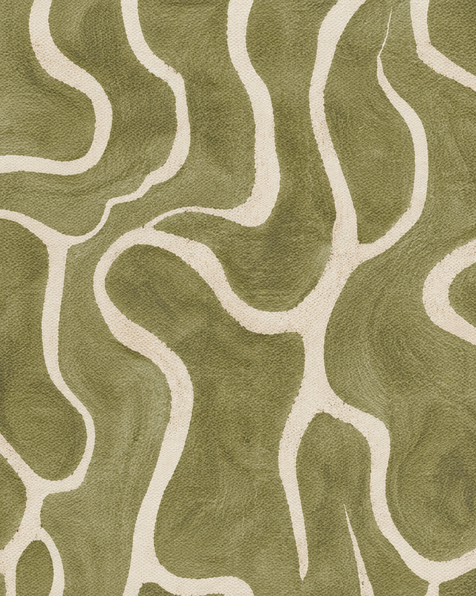 Close-up of a textured wallpaper with an abstract pattern of white interconnected lines on an olive green background.