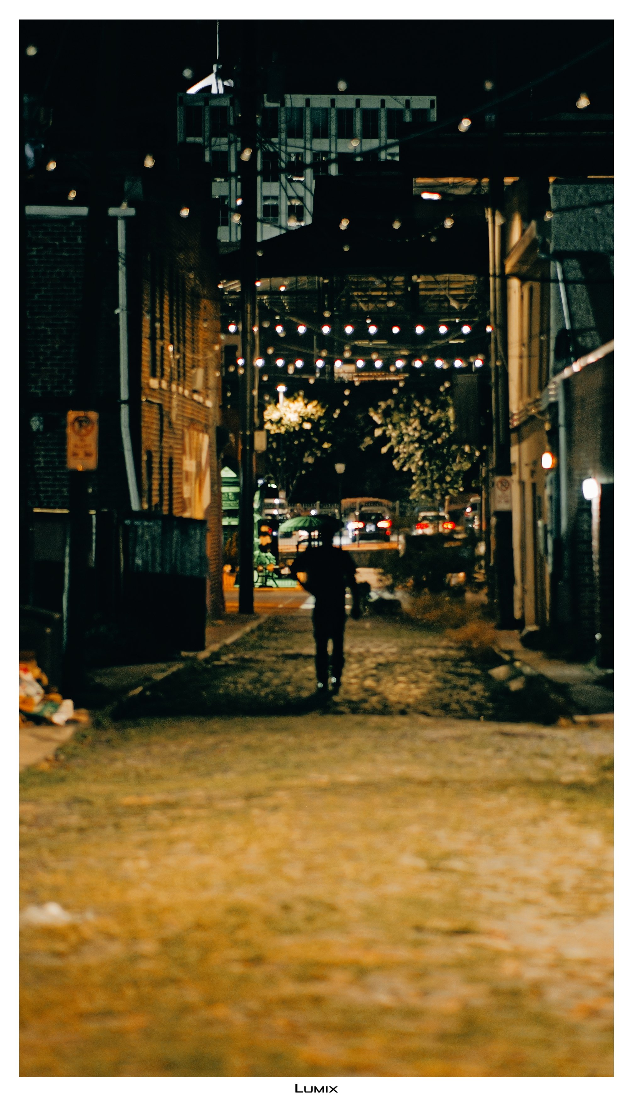 A lone person walking with an umbrella on a cobblestone street at night, illuminated by string lights overhead, with trees and parked cars in the background.