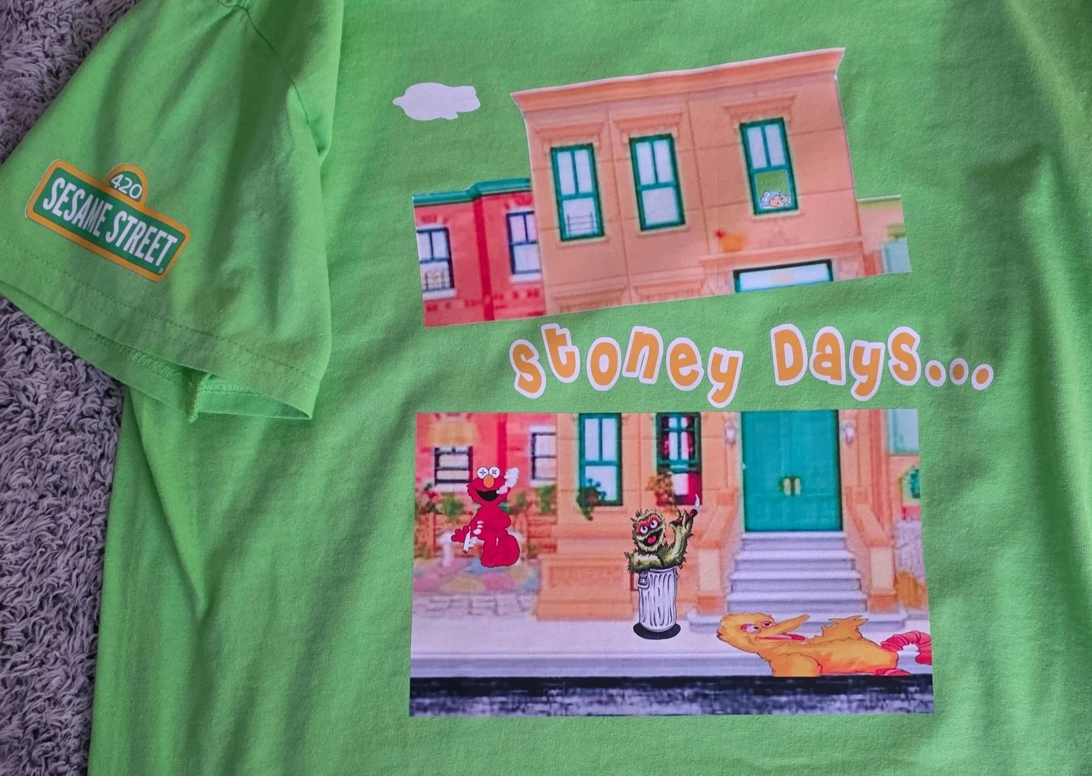 Bright green T-shirt lying on a textured gray surface. It features a cartoon illustration of Sesame Street characters on a brown building facade with green window frames, a Sesame Street sign, and the words "Stony Days" in orange and white. The shirt