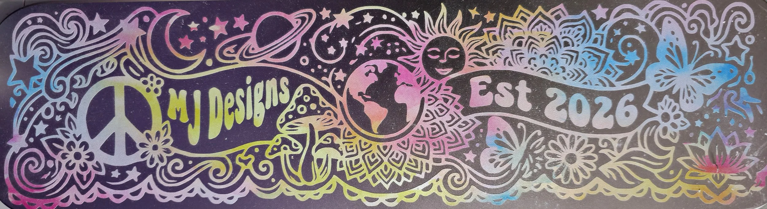Colorful, intricate mural with peace symbols, flowers, butterflies, moons, stars, the Earth, a smiling sun, and the phrase 'My Designs' along with 'Est 2026' written on it, all rendered in a rainbow palette.