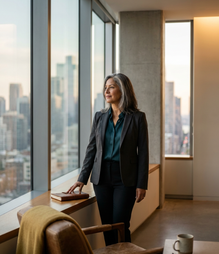 Curriculum reviewer standing by window in corporate environment