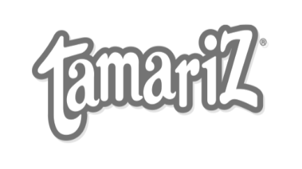 Logo de la marca Tamariz en color gris y blanco.