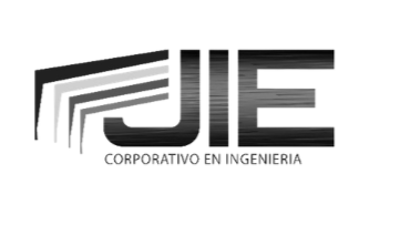 Logotipo de JIE, Corporativo en Ingeniería, con letras negras y un diseño gráfico de líneas en degradado.