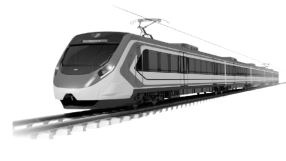 Tren moderno de alta velocidad en vías férreas.