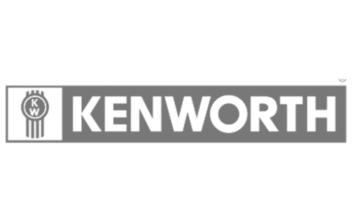 Logotipo de la marca Kenworth en colores gris y blanco.