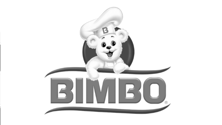 Logotipo en blanco y negro de Bimbo con un oso cocinero usando un gorro y un delantal, con el texto 'BIMBO' debajo.